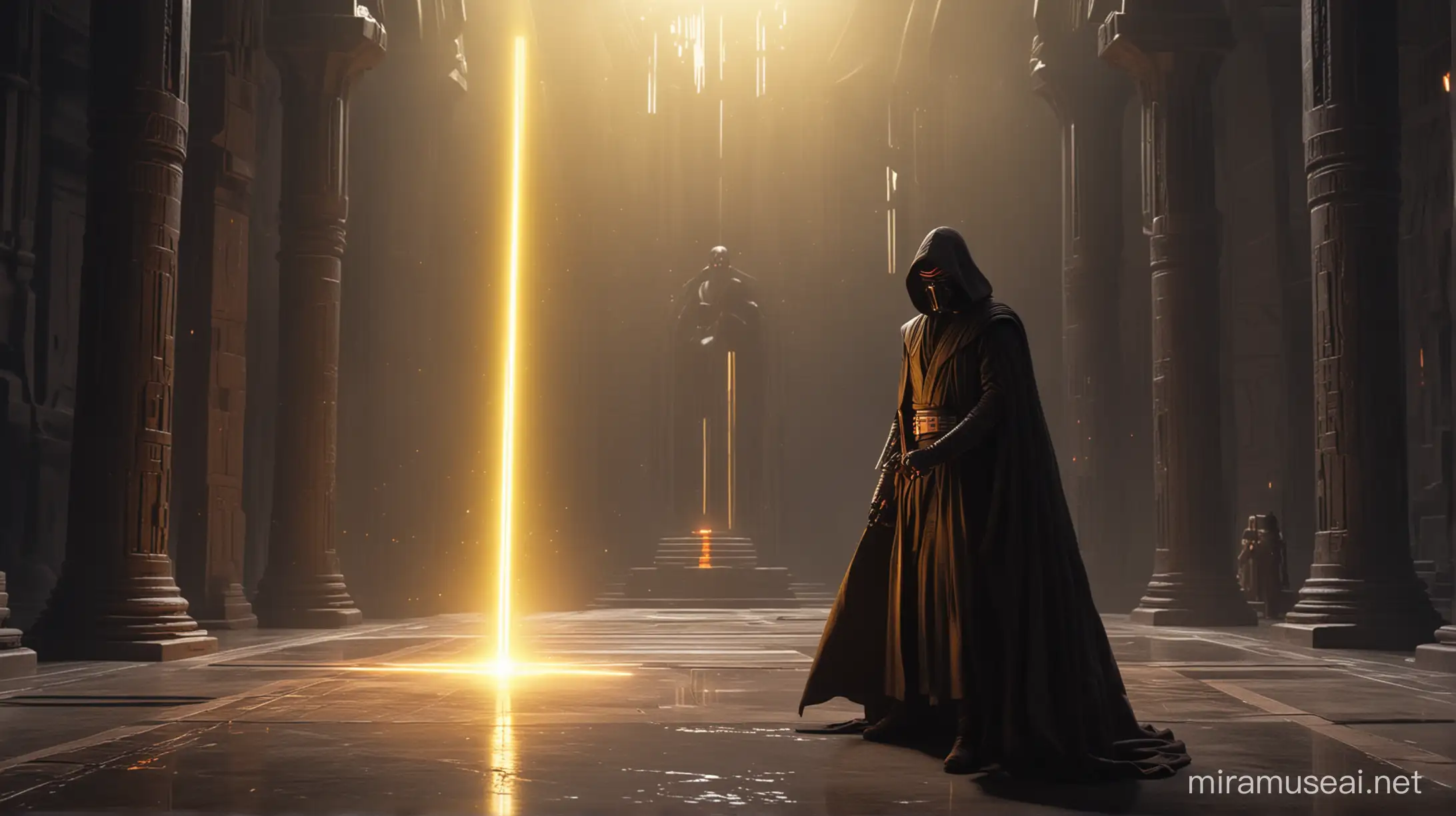A dark Jedi seeks knowledge in a Sith temple, yellow lightsaber