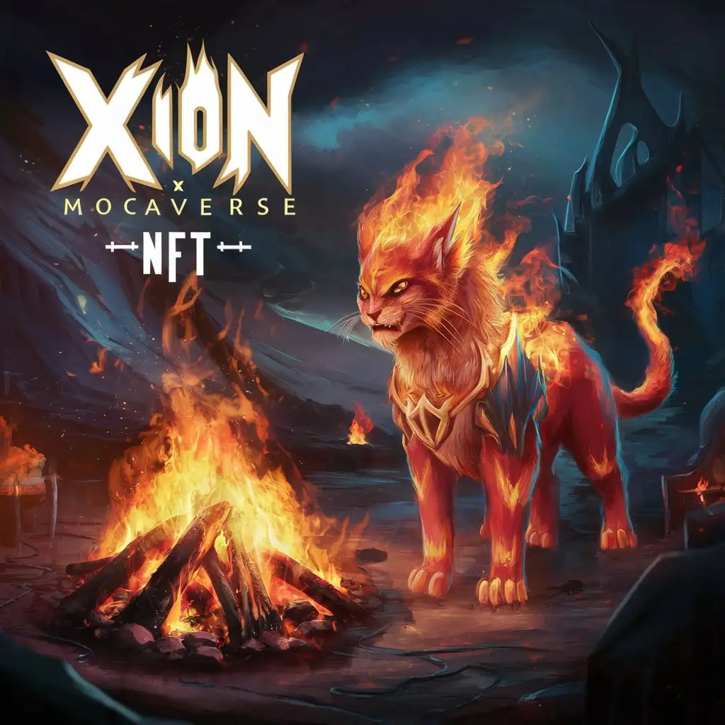 Fiery XION Mocaverse NFT Scene with Bonfire and Creature