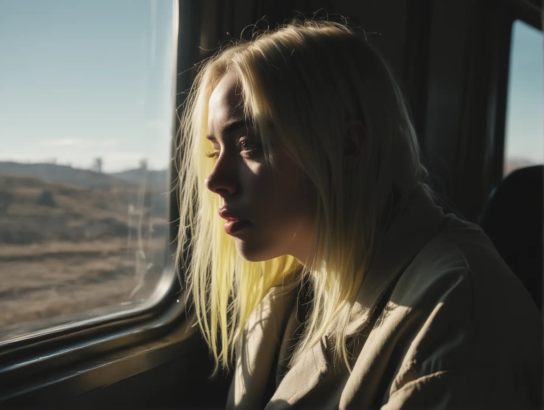 Billie Eilish lit in profile from window, in shadows hiding in train seat, cinematic