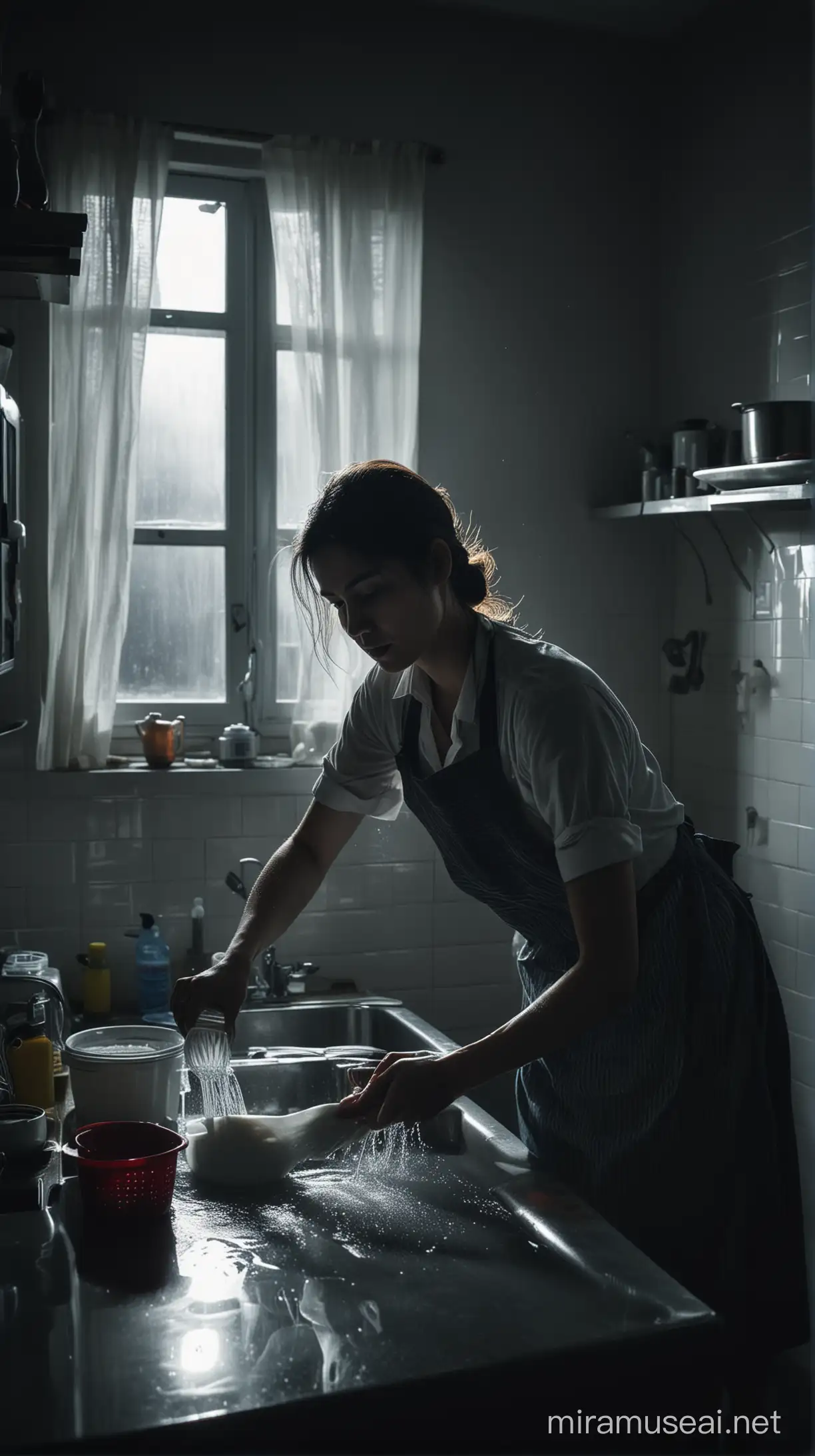 Fotografi sinematik, seorang perempuan usia 30 tahun bekerja sebagai pembantu rumah tangga, dia sedang mencuci piring. Suasana kelam,penuh mengharukan, sinematik 