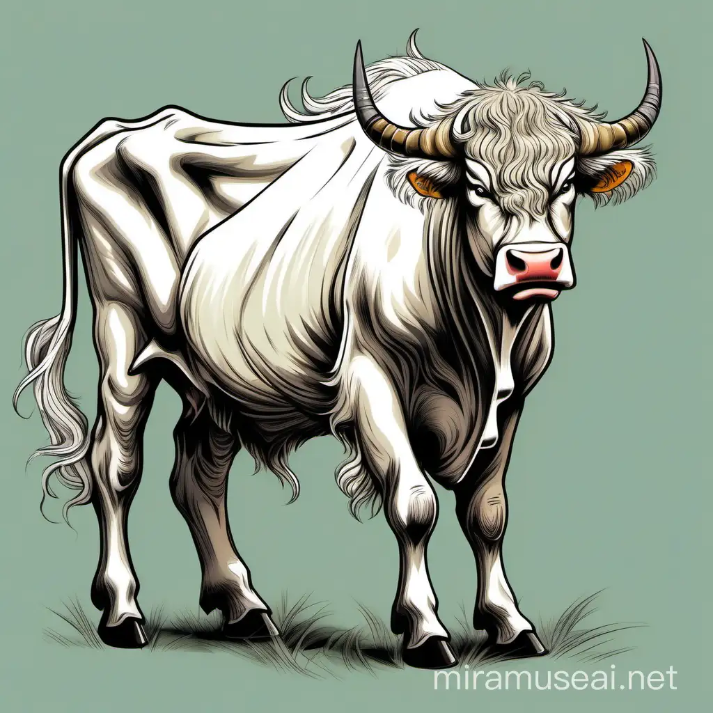 vaca blanca salvaje, furiosa y agresiva, peluda, con grandes cuernos, cuerpo entero, estilo dibujo coloreado de novela de fantasía