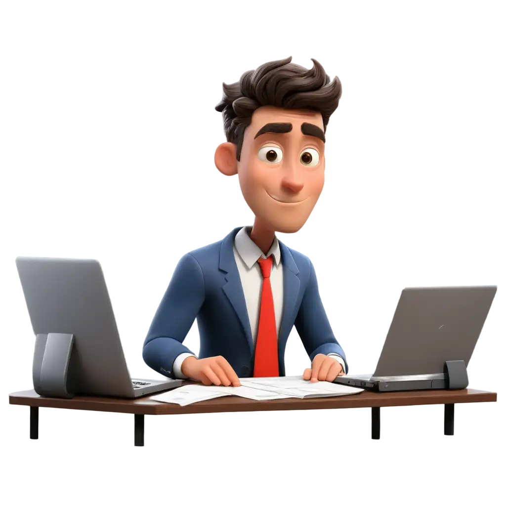 mad cartoon employee character sitting on desk with alot of papers