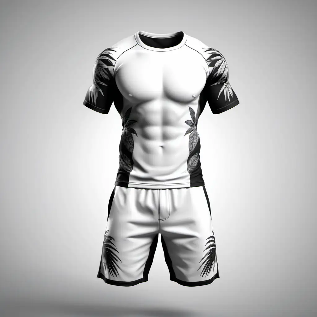 Design a muscular render of matching training t-shirt and mma shorts in white background. Use simple color palette like black & white, with the shirt being all white

Design criteria:
1. start with either solid white or transparent background
2. add both the shirt and the shorts as seperate entities that do not touch eachother
3. shirt must be white
4. shorts must be black with dark grey silhouettes of tropical plants
