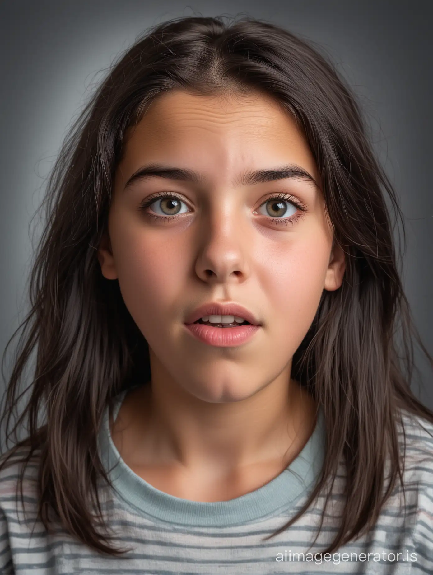 portrait of a 12 year old girl dark hair  looking at viewer deeply surprised