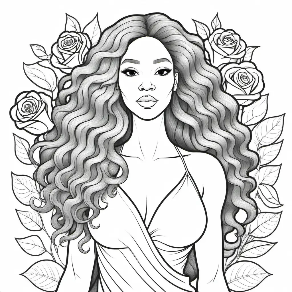 African American woman depicted in full body, surrounded by flowers and roses. The coloring page should be non-grayscale, minimalistic, radiate happiness, showcase long hair, portray a goddess-like figure, have clean lines, and be simple and easy for coloring, childrens coloring book style, coloring lines for hair,
no shading in hair, clean lines, simple lines, coloring lines for hair,
coloring book style
full body
simple line art
clean and minimalistic
simple detail
african american women
full body
flowers and roses
minimalistic coloring page 
happiness
long hair
Goddess 
woman 
clean lines
simple easy for coloring