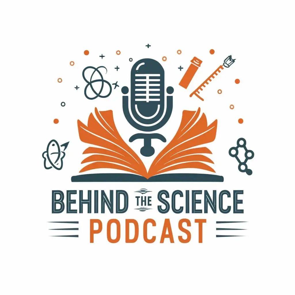 logo, podcast microphone and book, with the text "Behind The Science Podcast", typography, be used in Education industry