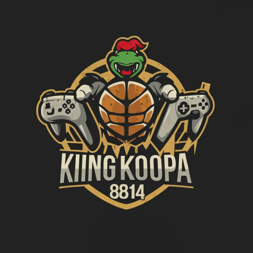 a logo design,with the text "KingKoopa8814", main symbol:broken turtle shell, gray somke, gaming controller, microphone, crown,Moderate,clear background