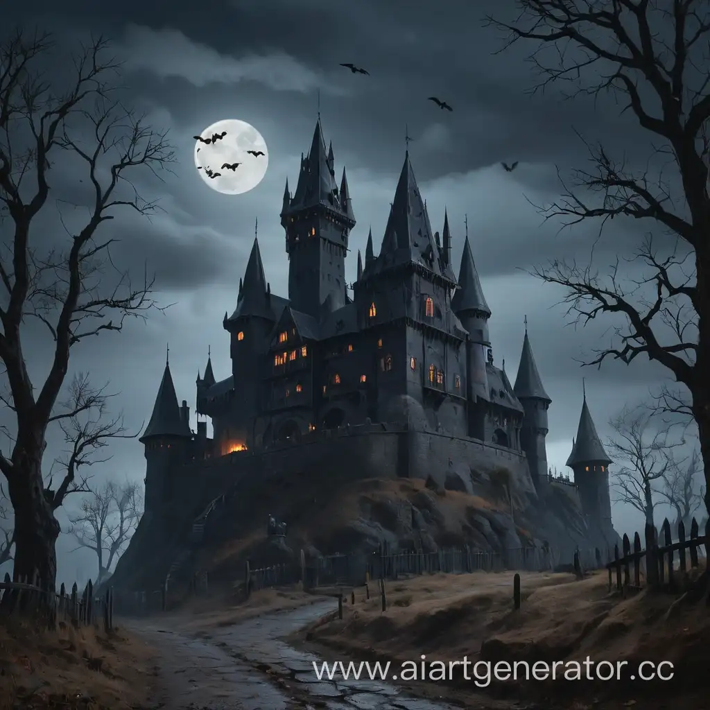 A black vampire castle on a hill at night, surrounded by a fence and withered trees. Bats are flying around, there are a lot of excavated empty graves around. There is a lot of fog around