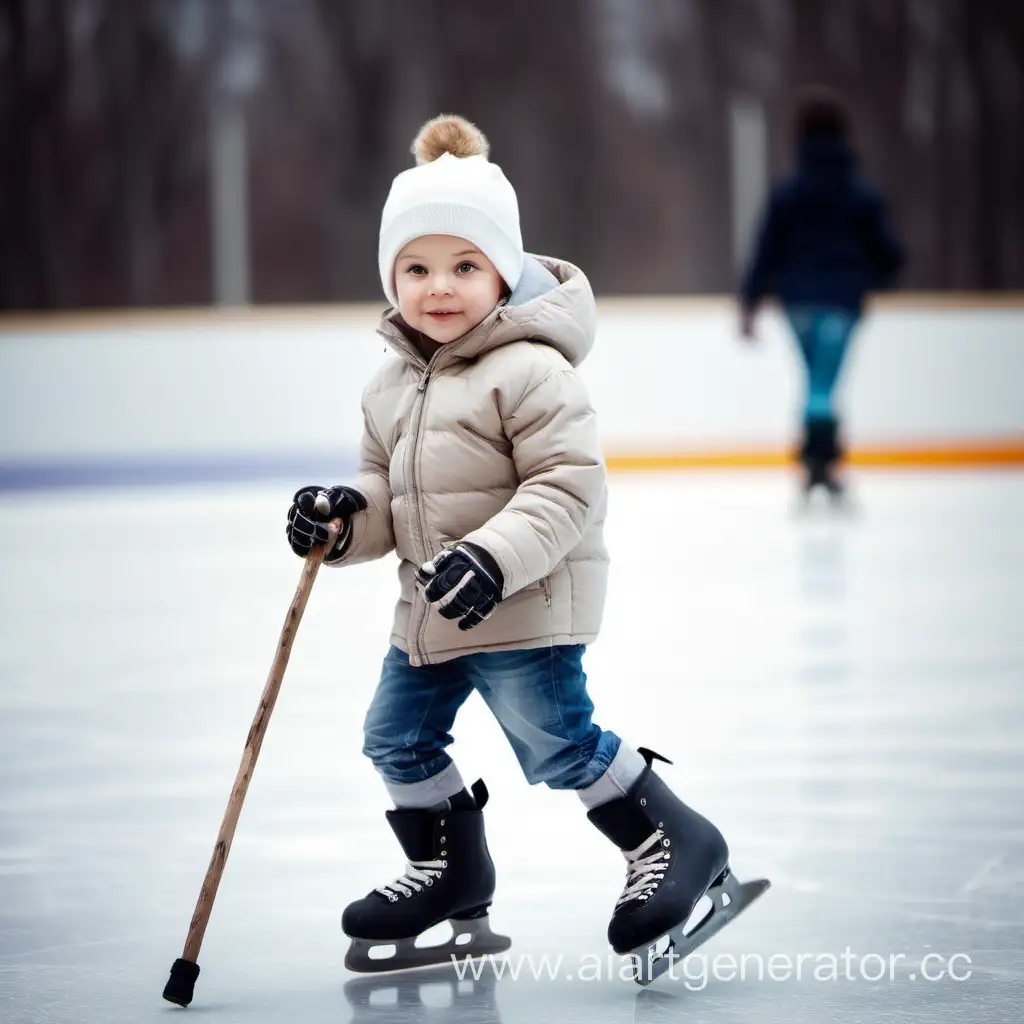 маленький милый ребенок на коньках с клюшкой в руке