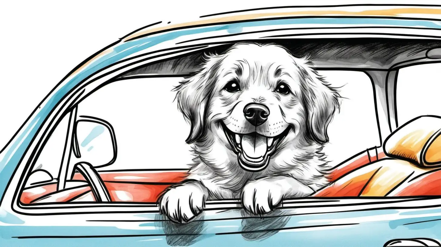 happy dog in the car, hand-drawn picture