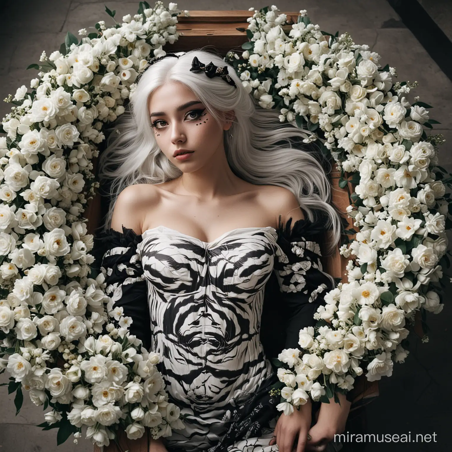 girl in a coffin, white hair, black eyes, big flowers, apple, very long coffin, black tiger