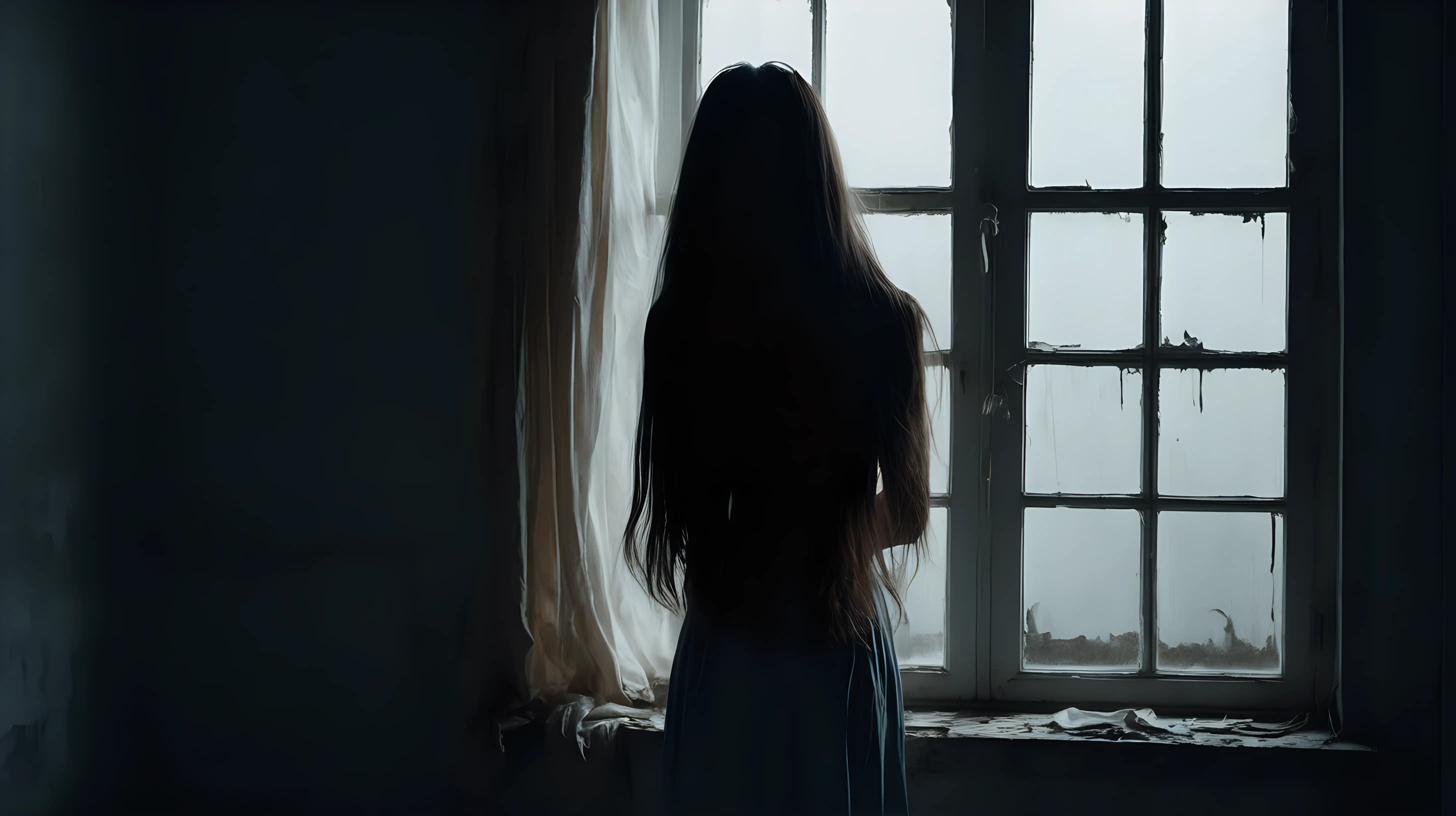 Beauty  women long hair sadness standing in front of window alone darkness soft light very large old room mess
