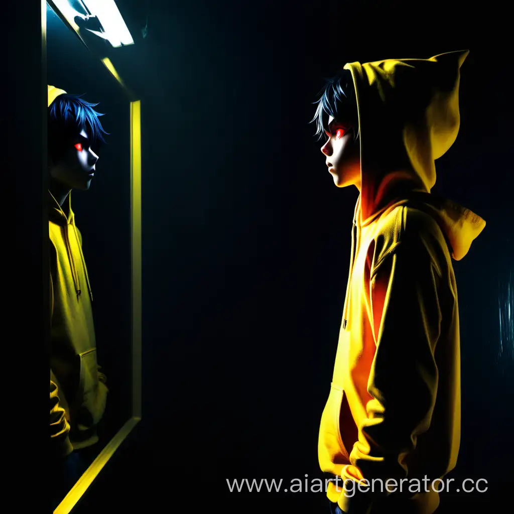 аниме парень шеснадцати лет с красными глазами в желтой толстовке  стоит  в темной комнате напротив зеркала в отражении которого виднеется силуэт монстра