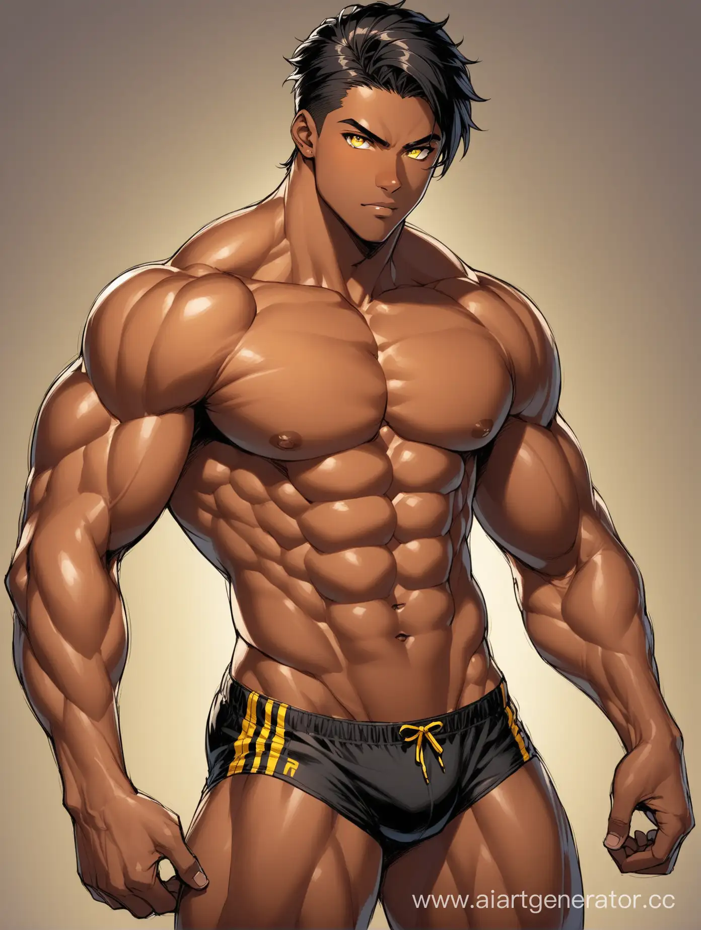 A very muscular young man with dark skin, medium-length black hair, bright yellow eyes.