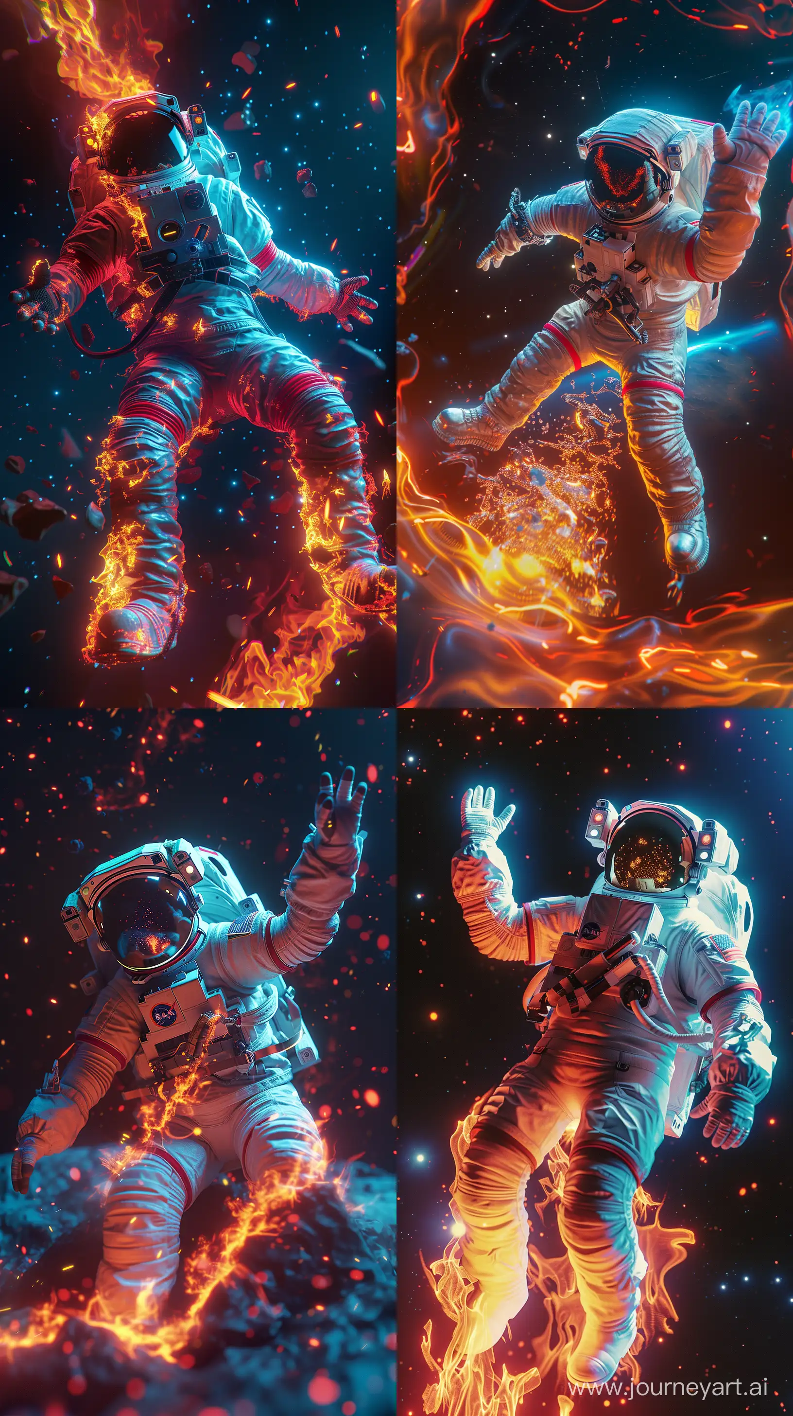 astronaut in a modern plastic suit sinking on fire in space ,trying to go up with one hand up, desertwave  , stylish and intense, mystical, long shot, super realistic style, dynamic composition, 50mm, extreme wide shot  photo, color gradient, Greaser, flood lighting, ultra realistic, photorealistic, hyper detailed, volumetric lighting, extreme low opacity blue light , minimalism black background, hdr, octane render, 8k, kaleidoscopic, symetric ,intricate details and textures ,heavily textured ,cinematic view --style raw --v 6 --ar 9:16