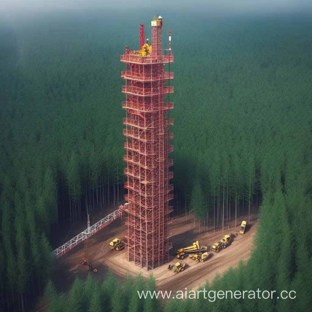 строители строят нефтеную вышку в лесу