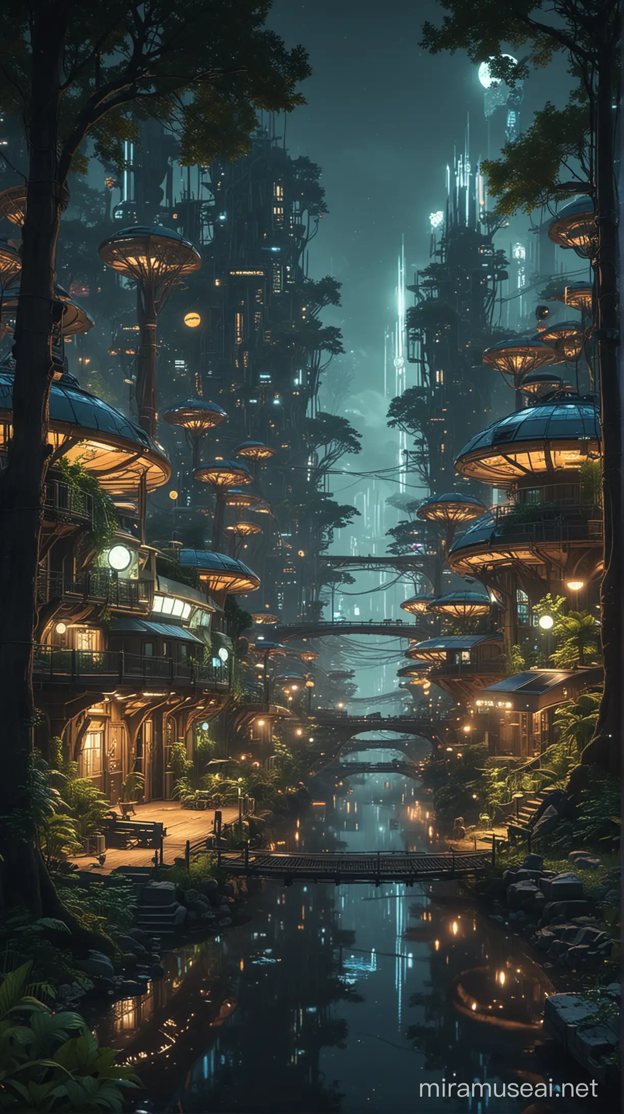 Solarpunk City in forest with lights