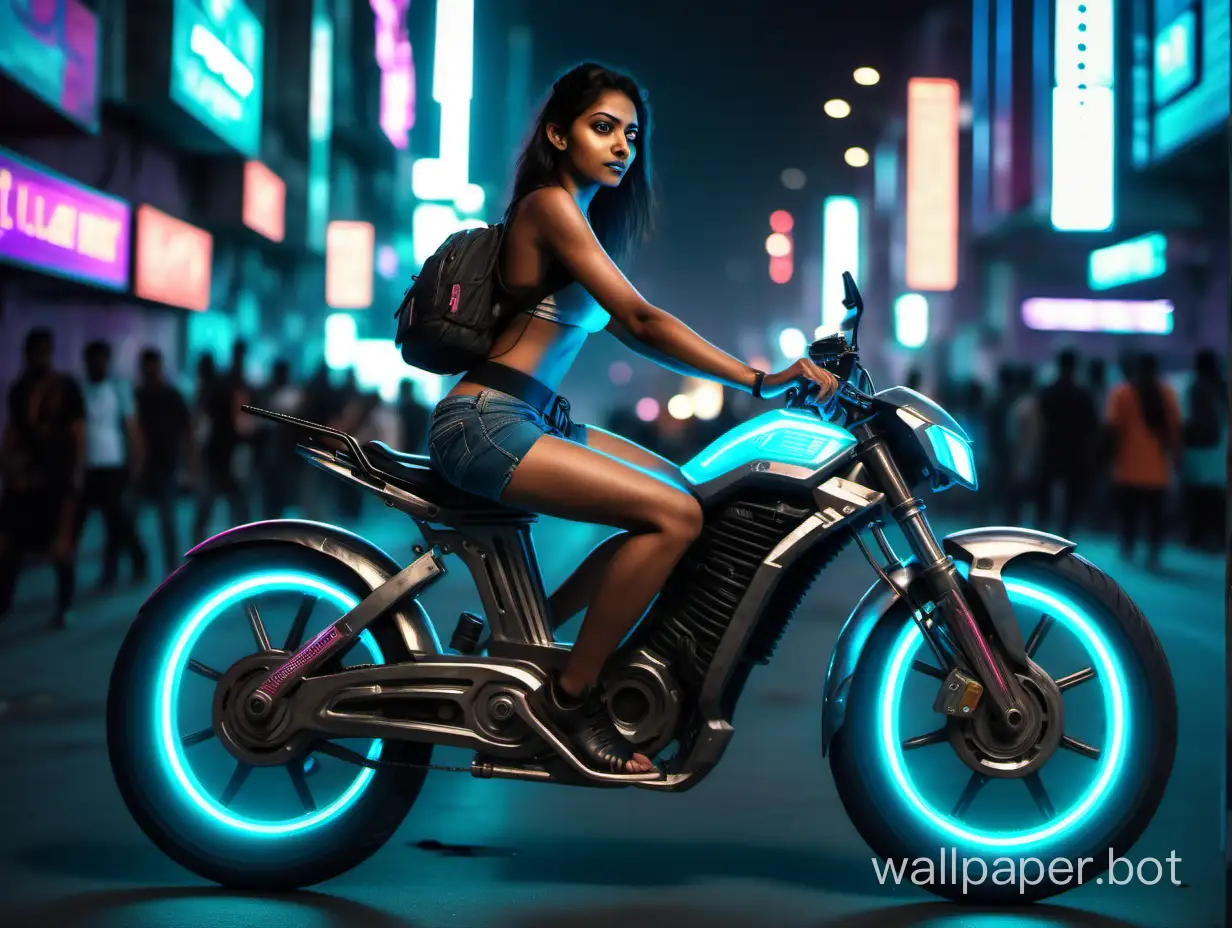 Cyberpunk-Cityscape-Glowing-Indian-HalfHumanoid-Female-Riding-Cyberbunk-Bike
