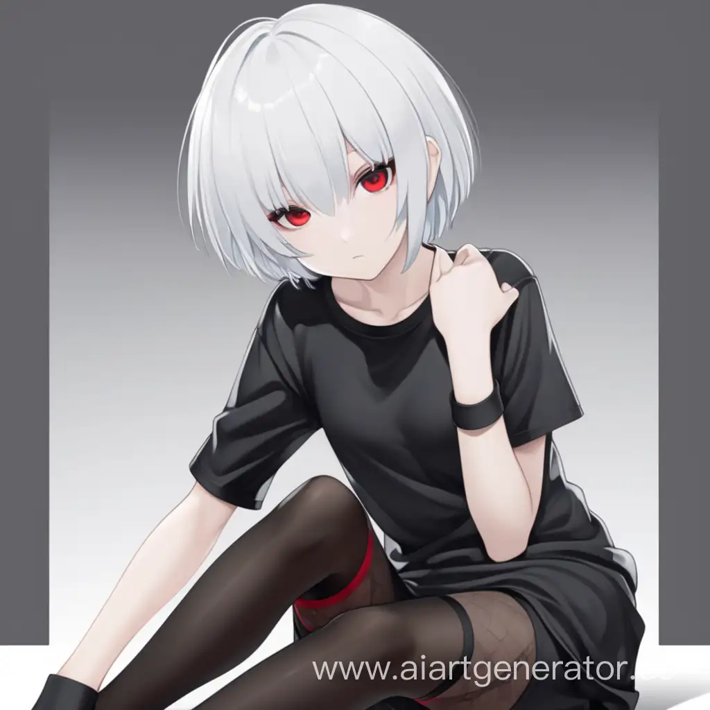 anime girls, short white hair, long black T-shirt, black stockings, red eyes