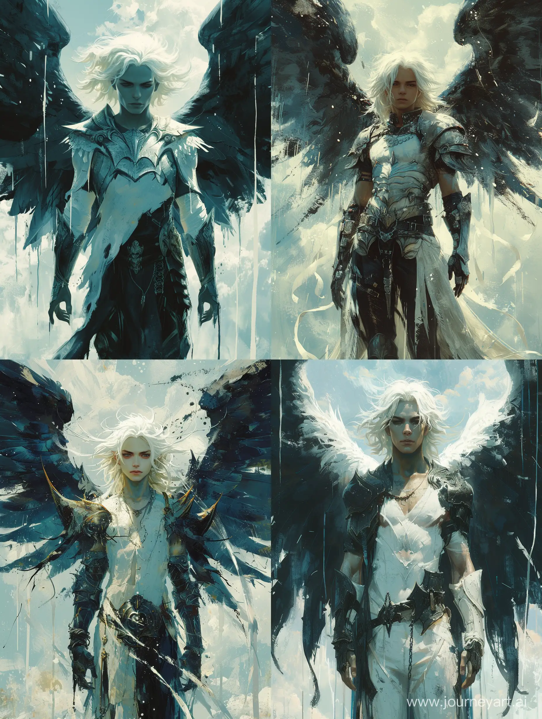 Epic, stands in an interesting pose, white angel with large black wings, standing in front of a sky background with white and blue hues, the angel has white hair and is wearing a armor-like outfit, the wings are spread out and there are white paint drips trailing from them, --s 500
