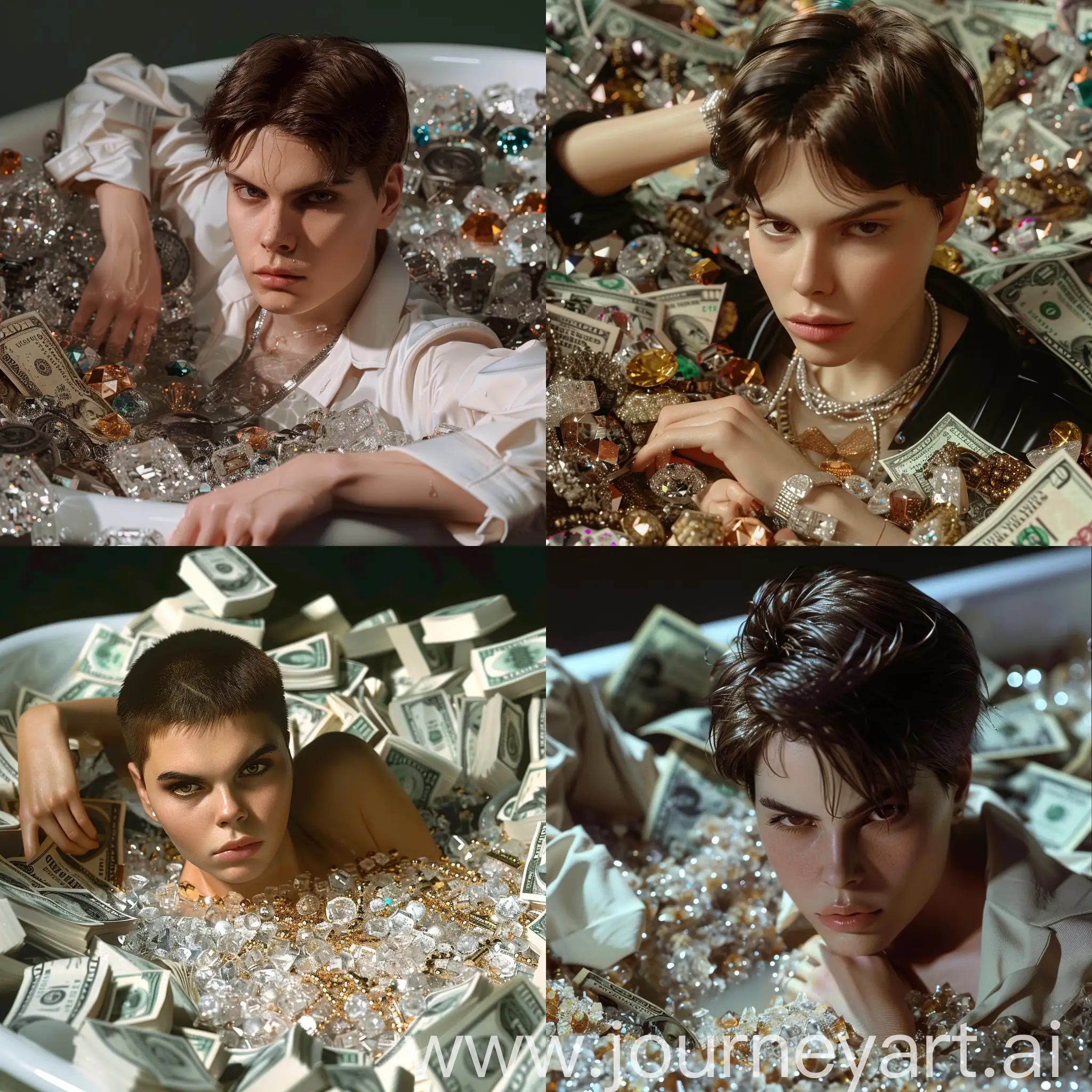 Stylish-Hollywood-Retro-Photo-Young-Man-Luxuriating-in-Bathtub-of-Precious-Stones-and-Dollars