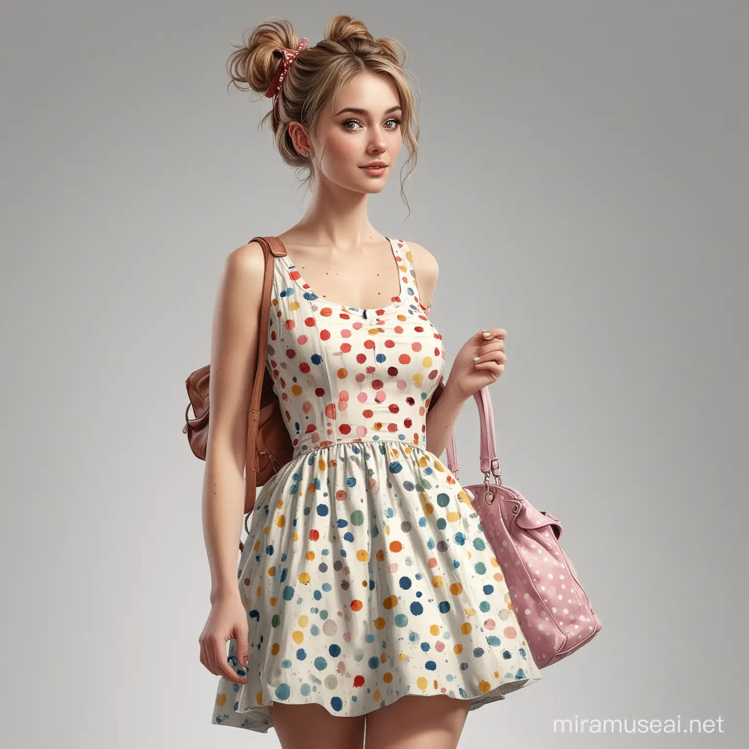 realistic full body shot of a beautiful woman with messy buns in hair, a handbag, hairbow with dots, dress with dots, cartoonish, inventive character designs, color settings, 
highly detailed digital art, fixed on white background, watercolor effect, james gurney art --v 5.2 --s 250
