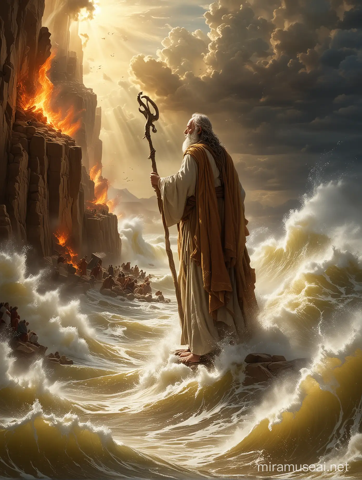 Create a vivid scene depicting the prophet Moses in a side view, standing on a hill, parting the sea, with towering water waves on either side and the Israelites crossing the dry sea floor, guided by a pillar of fire or cloud. Capture the awe-inspiring moment when Moses raises his staff to command the waters to part, and convey the emotions of hope, faith, and divine intervention