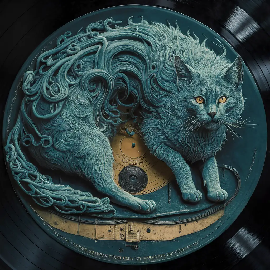 convoluted spirit of a majestic blue feline carved on a vinyl record