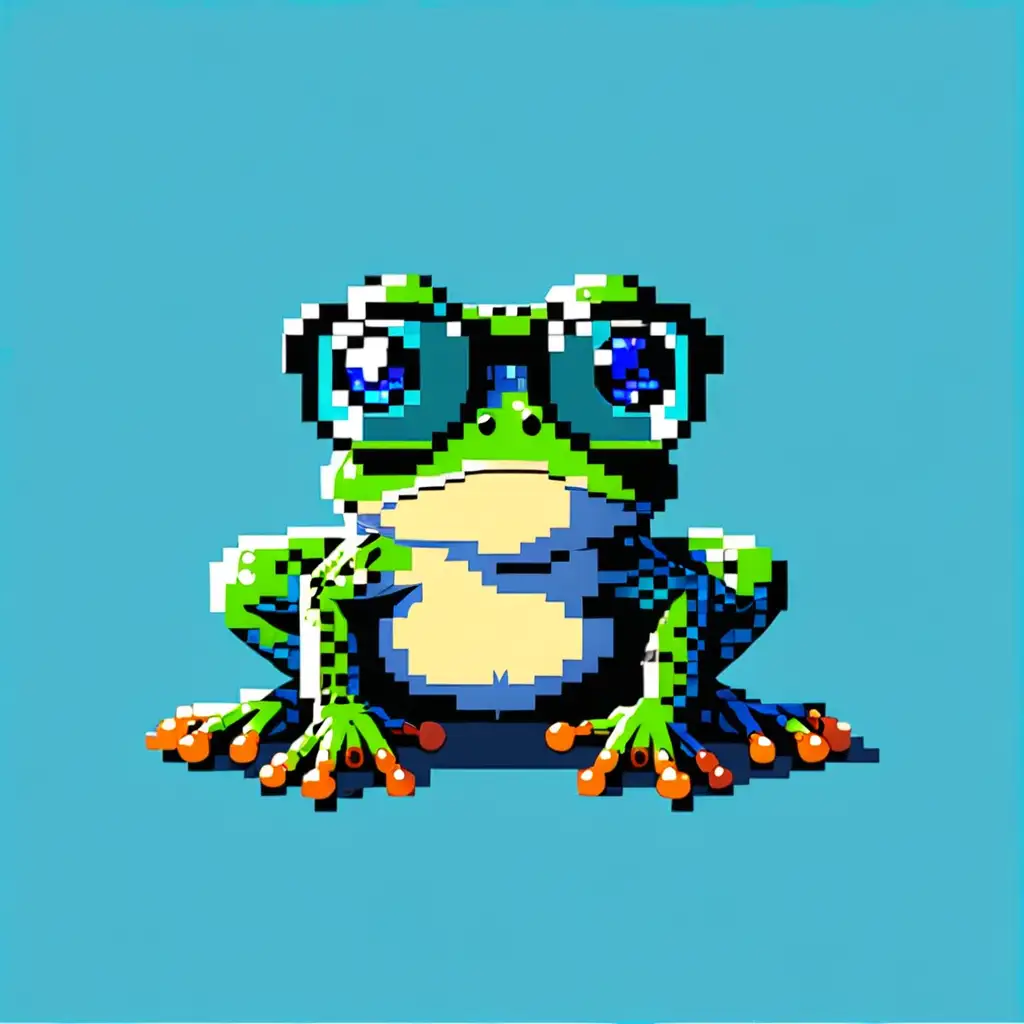 Пиксел малка жаба с очила на син фон