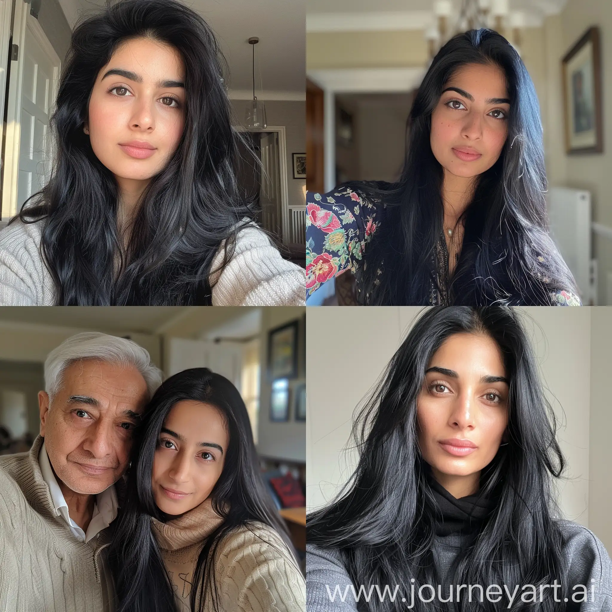 A british Pakistani woman with long black hair taking selfie in her dad --v 6