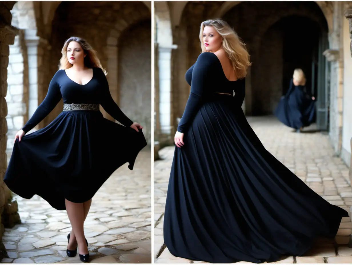 beautiful, sensual, classy elegant dark blond full bodied plus size model, full coverage, no skin is shown on back, back top is fully covered from waist to neck, back view on separate image, back top is fully covering back, wearing full covered back up to neck top with long sleeves, shorter black dress with a very flared shorter ankle length skirt, skirt is made from the same black fabric as top, dress is made from ITY fabric, fitted black bodice, long fitted, empire defined waistline with a waistband tonal to the dress, long hair is flowing, back view on separate image, luxury photoshoot inside a magical winter castle in France, winter decorations inside the rooms in the castle, antique background