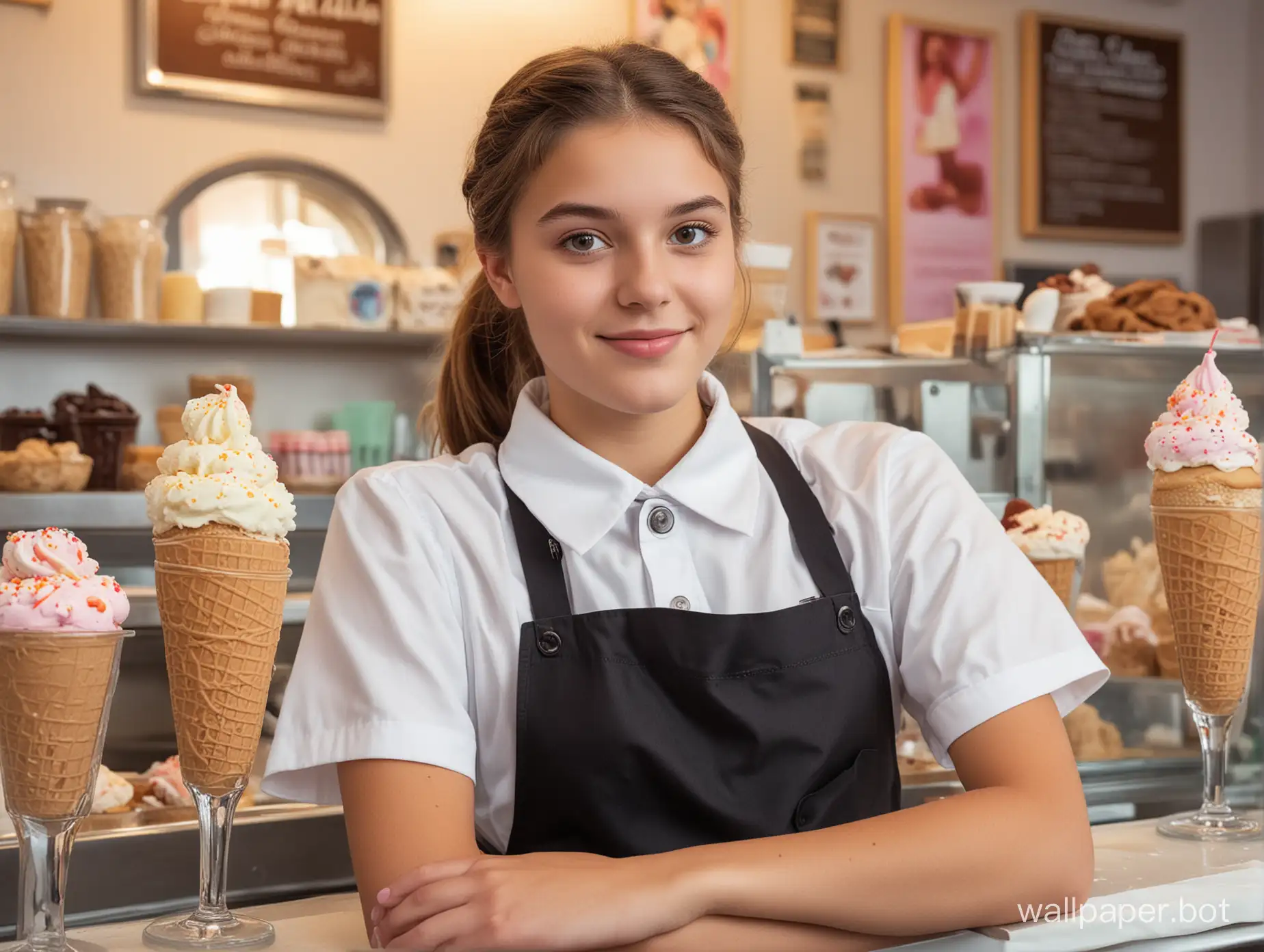 Teenage girl working in an ice-cream parlour, she is wearing a uniform. detailed features, sharp image