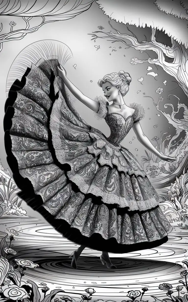 a high-quality illustration of an woman dancing and her dress spinning in the air bold medium outlines in black and white, intricate patterns, detailed, fantasy themes, whimsical, coloring book page, creative design, intricate details, high contrast, textured lines