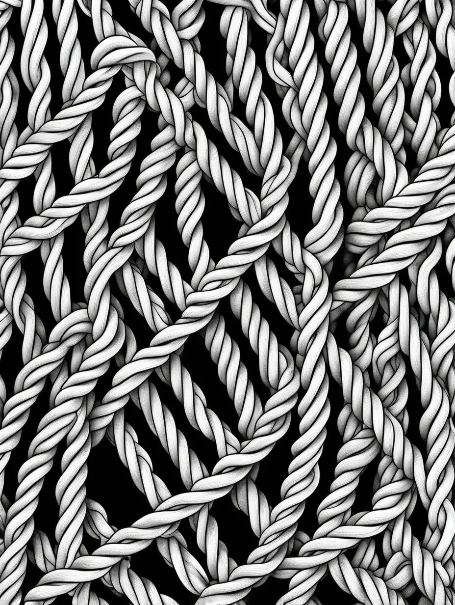 vector drawing black lines on white of various types of knots making repeating pattern
