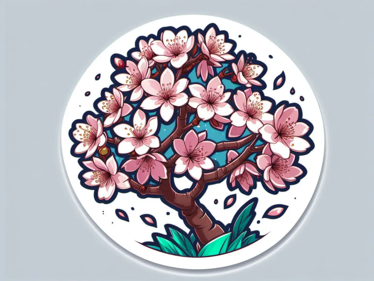 Playful Cherry Blossom Sticker in Cool Colors Detailed Cartoon Vector Art