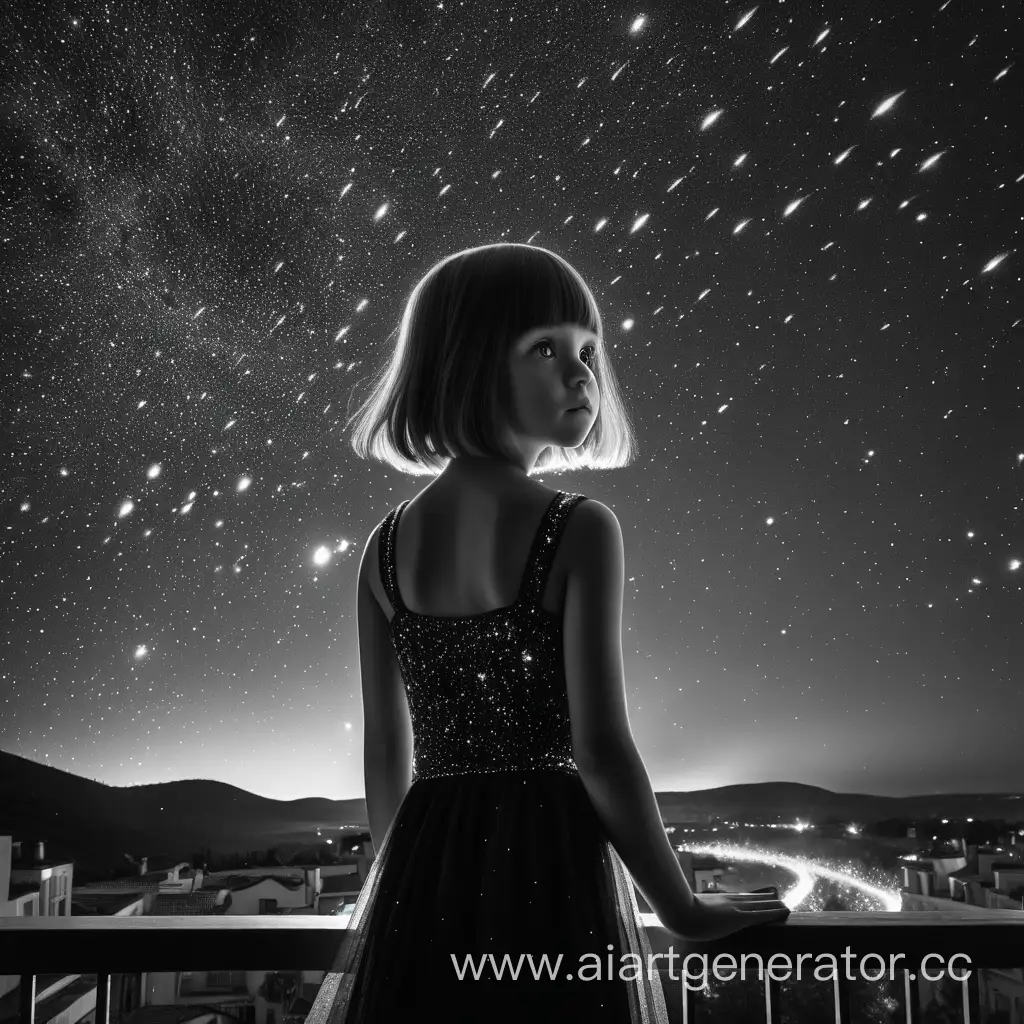 Юная девушка, с блеском в глазах. Девушка одета в черно белое платье.Стоит на фоне  звездопада на балконе. Девушка смотрит в камеру. 