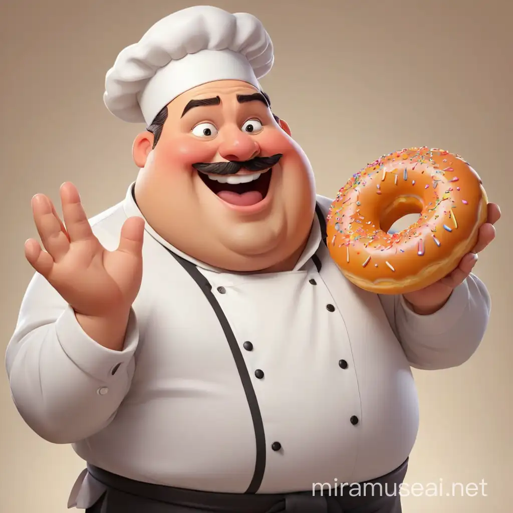 handsome cartoon of fat chef with hand grab a donut