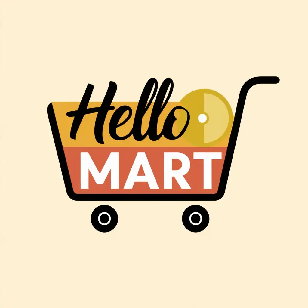 LOGO-Design-For-Hello-Mart-Vibrant-Shopping-Cart-Emblem-with-Friendly-Typography