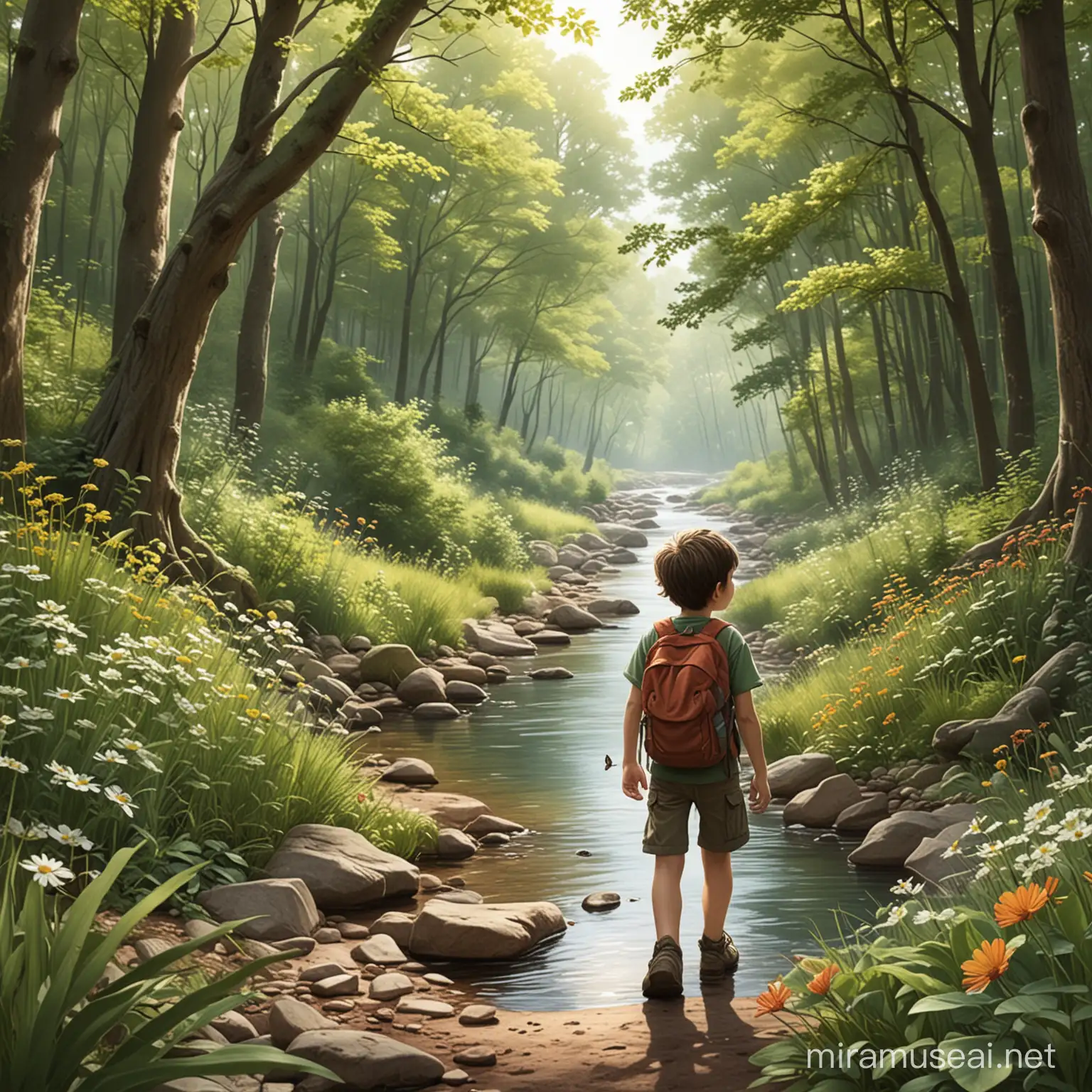 Could you please generate illustrations/photos to accompany a story about a boy named Tom who goes on a nature hike with his mother? The story emphasizes the beauty and importance of nature, with scenes including trees, flowers, insects, a river, and the boy's exploration and learning experiences