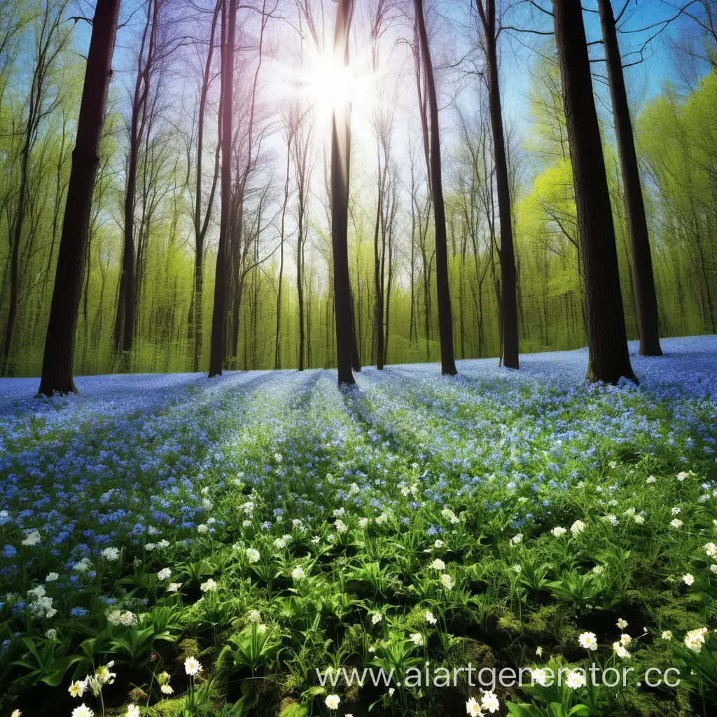 Vibrant-Spring-Forest-with-Blossoming-Flowers-under-Blue-Sky