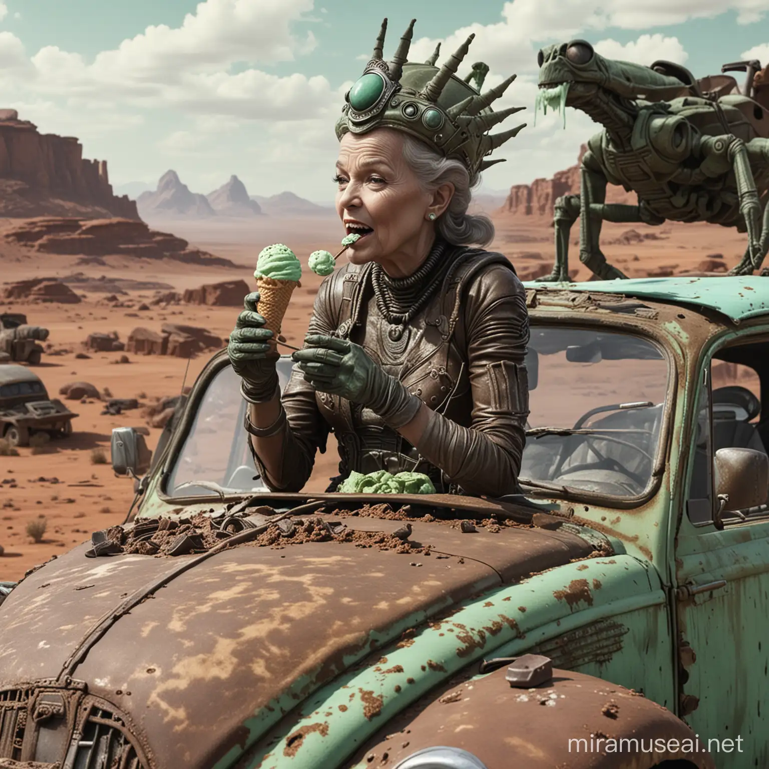 The Queen from aliens sitting on top of a rusty vw Beetle, eating a mint and chocolate ice cream, hd, detailed, alien planet as background