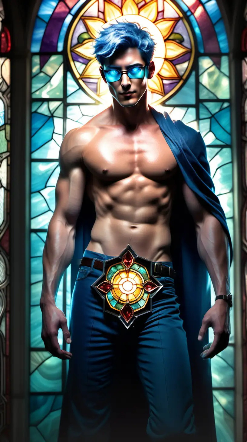 A handsome shirtless android hunk with glowing aquamarine eyes glasses, short navy blue hair and 5 o'clock shadow. An energy crystal embedded in the middle of his chiseled chest generates a soft aquamarine aura as he descend to the floor. Sun light shines through the rose stained glass of the small chapel, and the low hanging tattered loincloth giving the hero a heavenly charm
