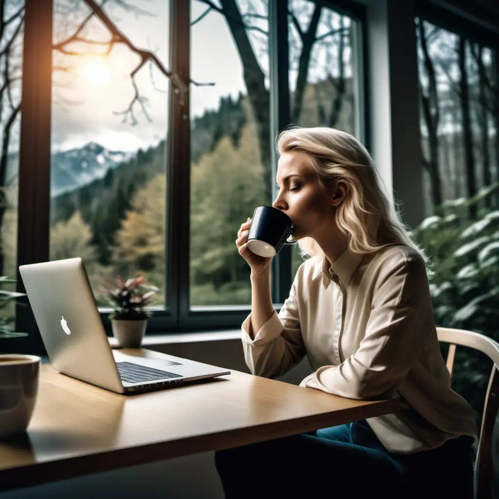 Blonde Woman Enjoying Coffee Break with Laptop at Desk Against Otherworldly Window View