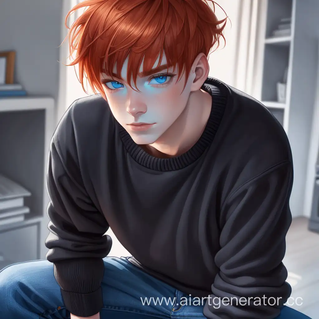  молодой человек юноша красные волосы синие глаза  черный свитер голубые джинсы