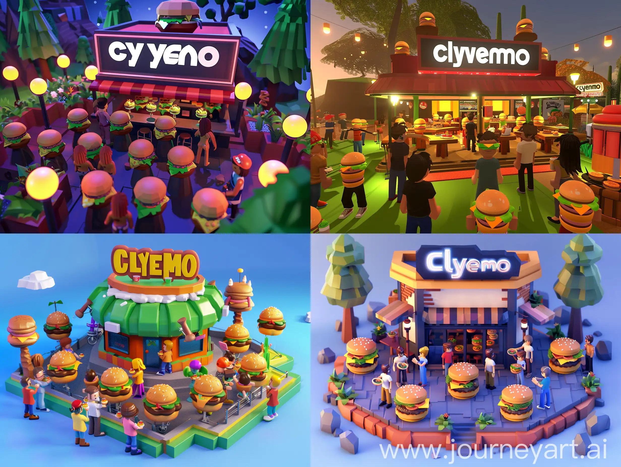 Создай пж ресторан с надписью на нём 'Clydemo' и около него и в нём стоят люди и едят вкусные бургер, сделай это всё в стиле роблокса