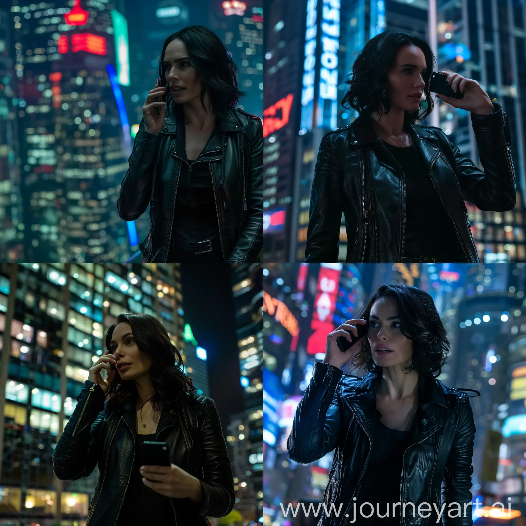 Lena Headey-like brunette in a black leather jacket talking on a smartphone in the background of the night metropolis.