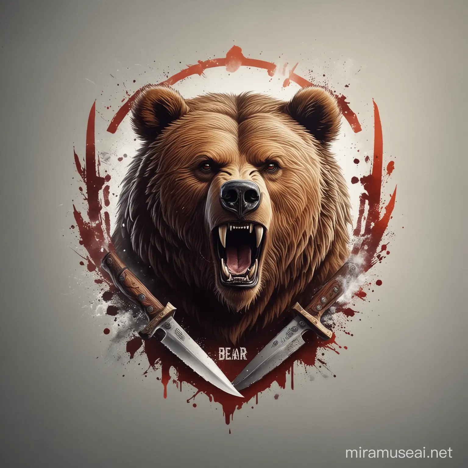 ,,BEAR", professional logo, logo with grizzly head, smoke that radiates power and intensity, with knife.
