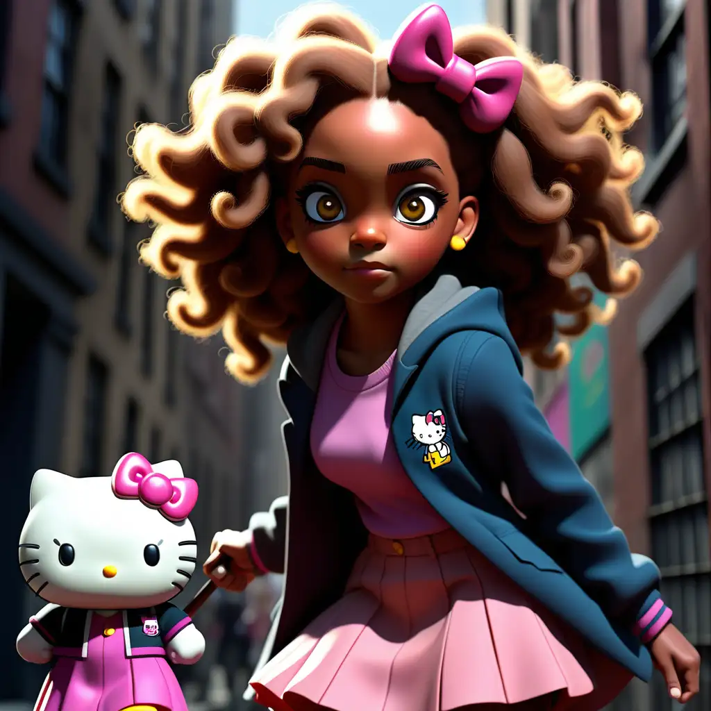 keep with the same image create an african american hermione granger, chasing ambitions, with a bright aesthetic look with her pal Hello Kitty