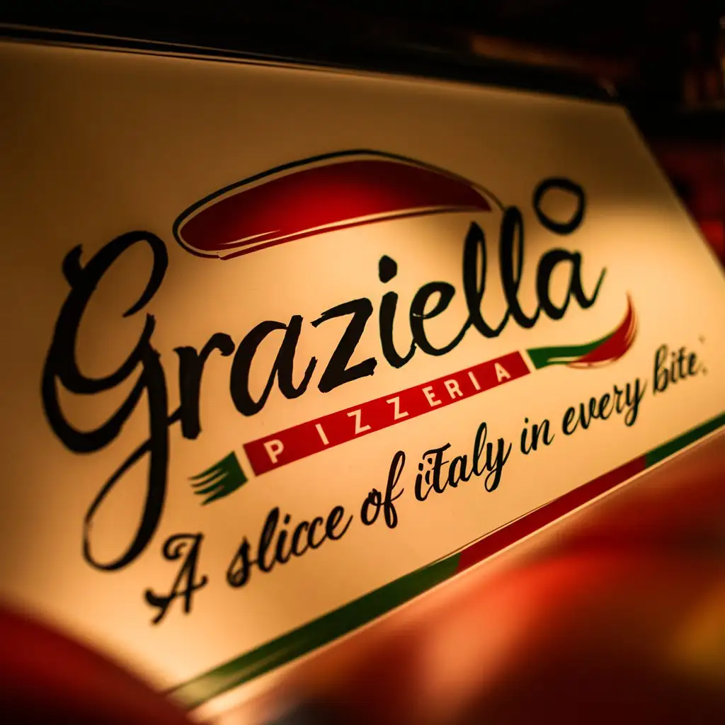 Handwriting Graziella Pizzeria Logo with Italian Colors Slice of Italy in Cozy Night Atmosphere