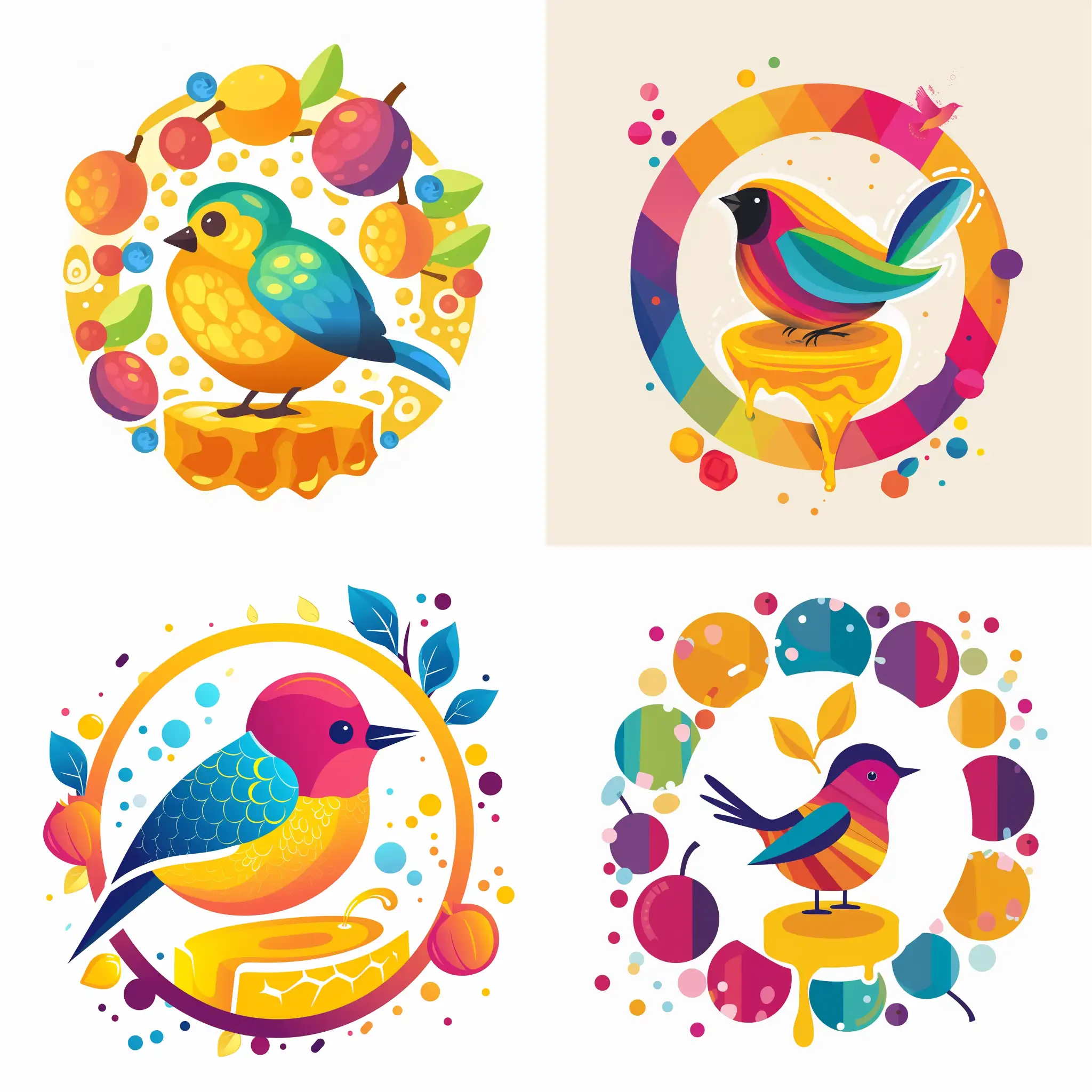 A very colorful circular logo about honey and olives and a colorful and happy bird
